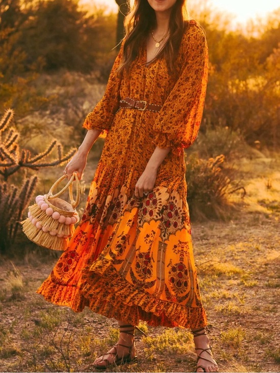 Free People Dresses & Skirts - Free People Orange Floral Tiered Maxi Dress Small